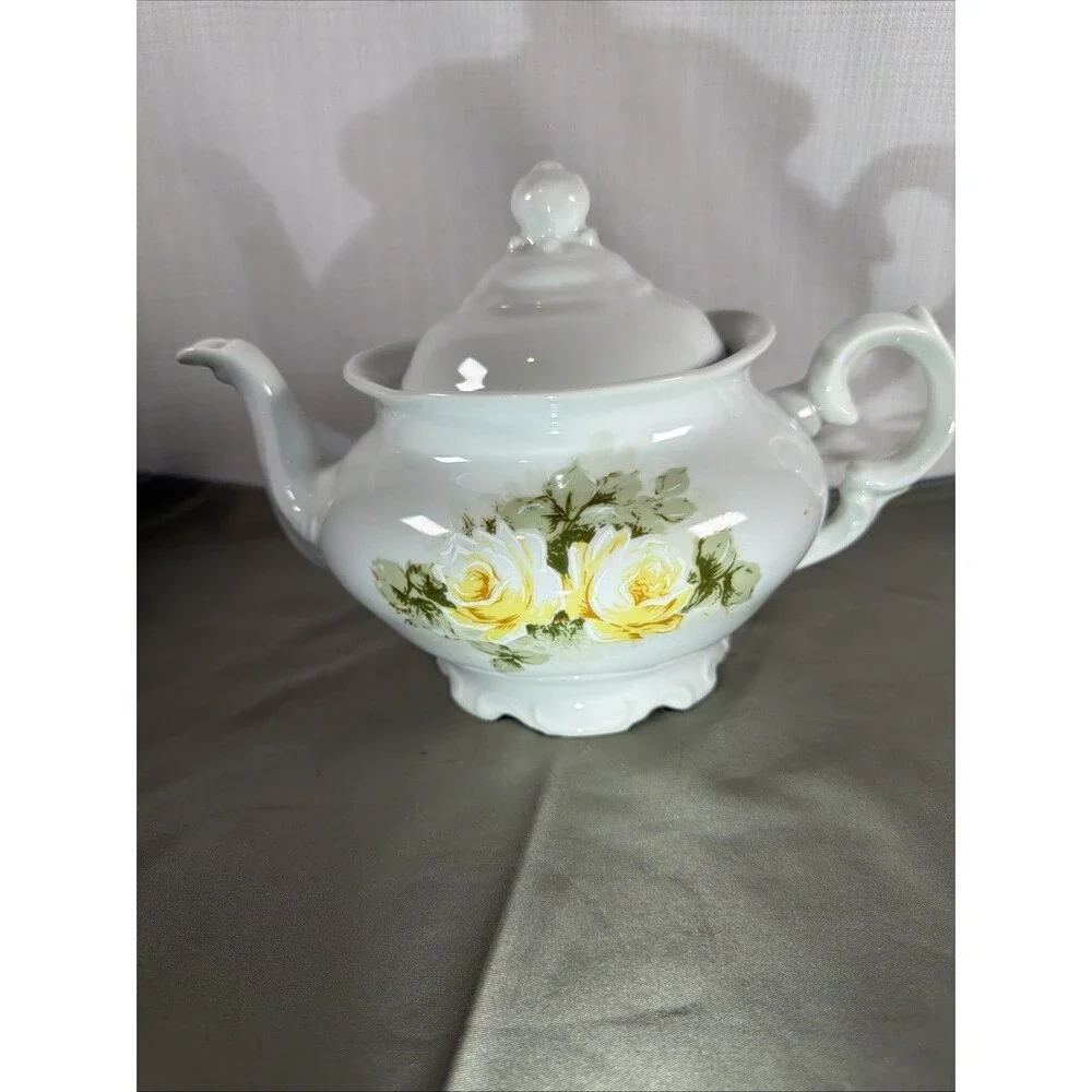 Vintage Porcelana Schmidt Yellow Rose Teapot with Lid - Wide Rounded Body